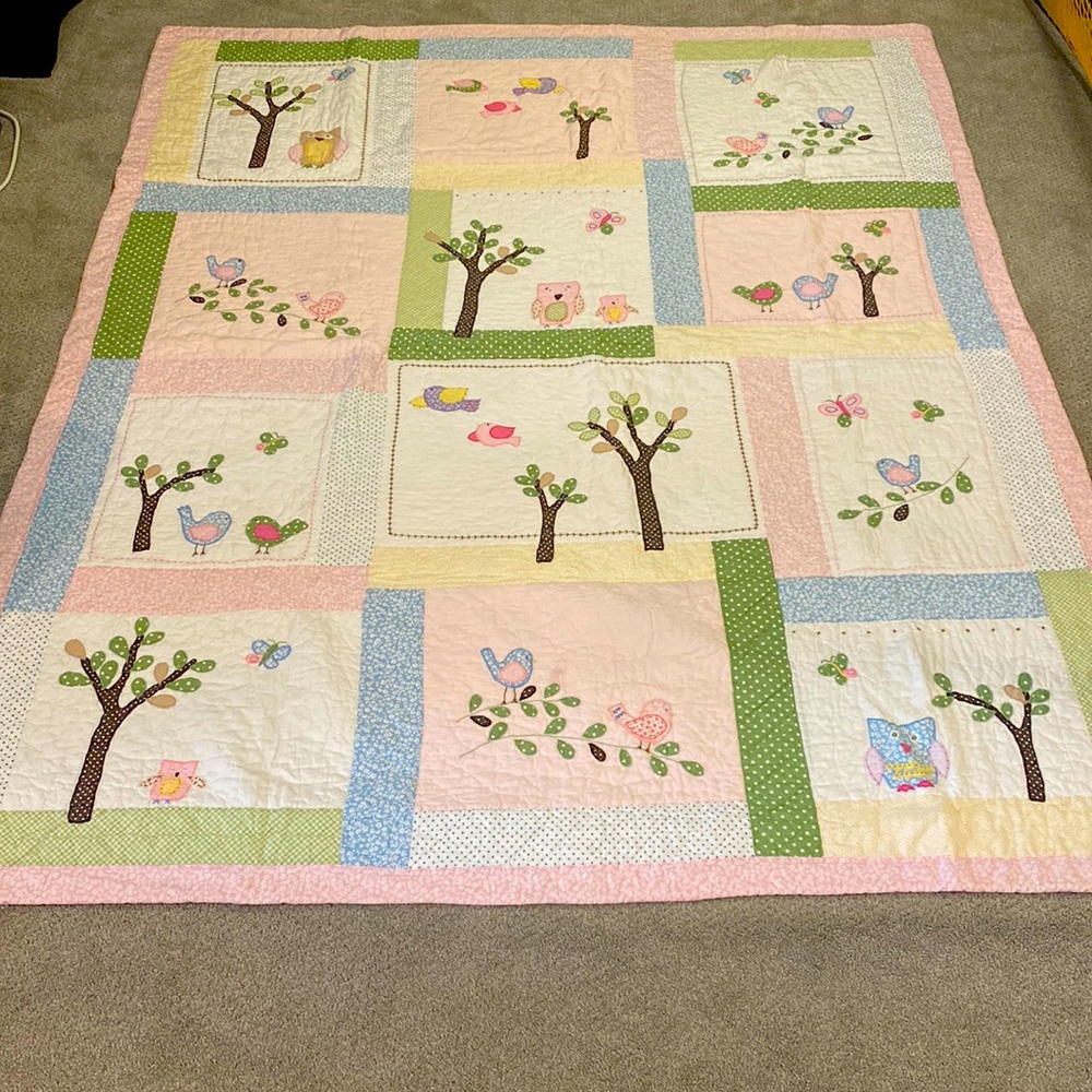 BED SET Pottery Barn Embroidery owl: quilt, sham, pillowcase, top & fitted sheet